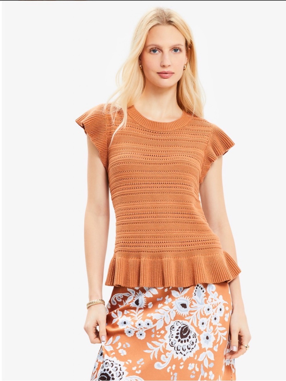 LOFT Pointelle Ruffle Sleeve Sweater M
